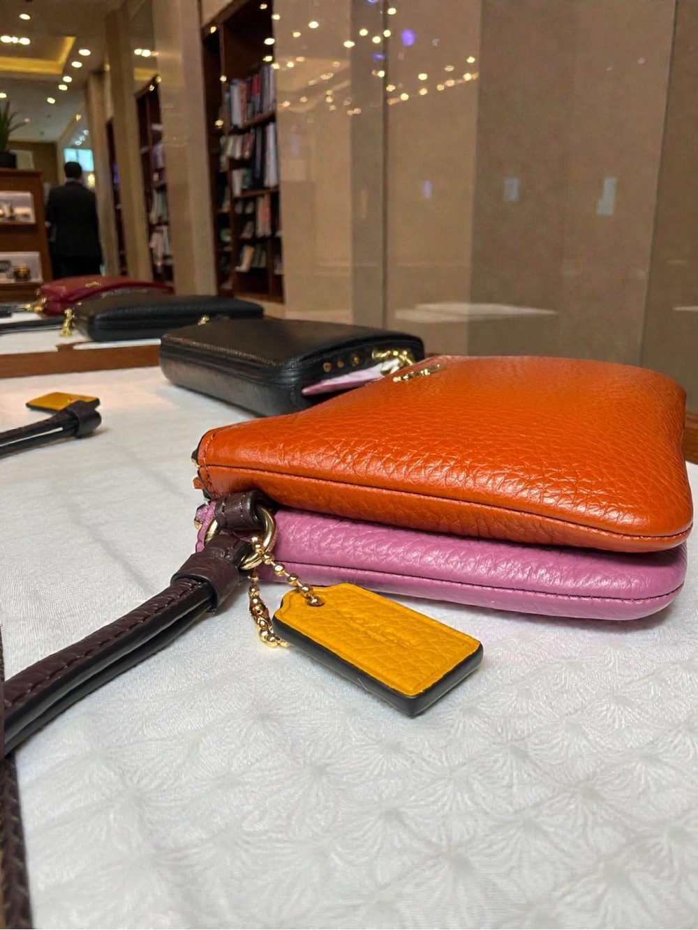 NWT Coach Pebbled Leather Double Zip Wristlet Colorblock Burnt Orange Pink $98 - Picture 12 of 15